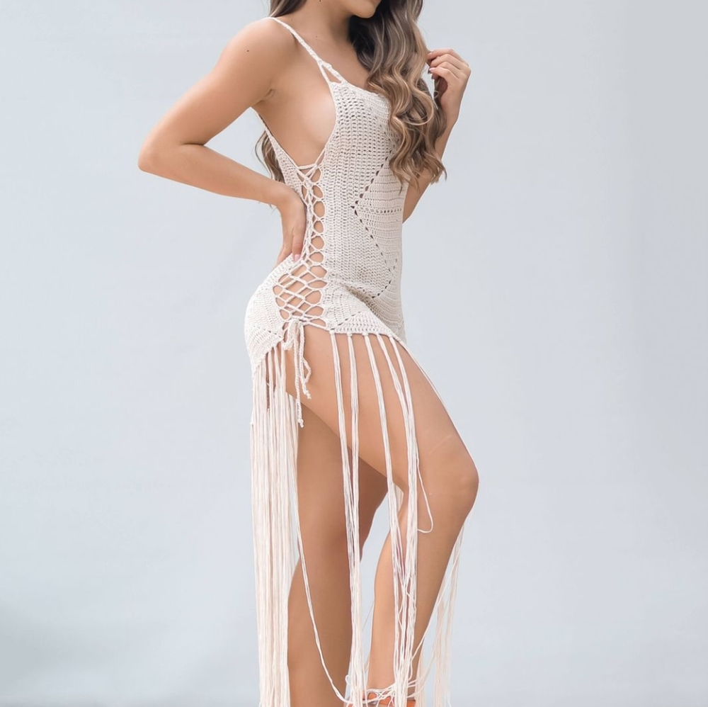 Hera Collection Nude Crochet Cover up Dress with Fringe Size: Various